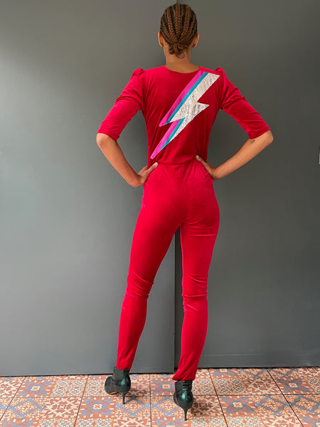 Ziggy Stardust Velvet Jumpsuit in red - with Zap detail
