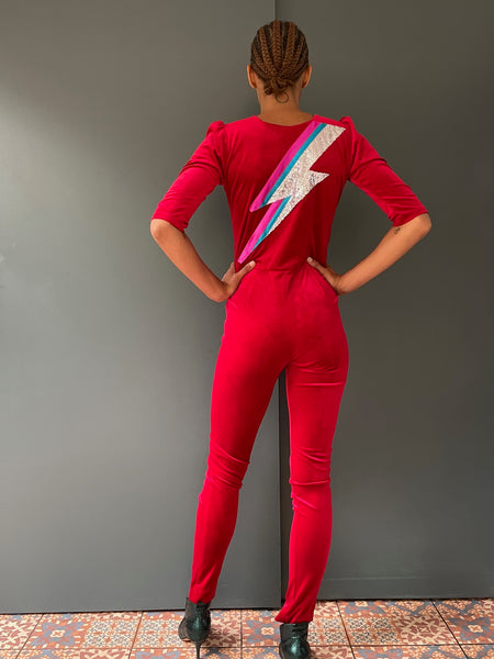 Ziggy Stardust Velvet Jumpsuit in red - with Zap detail 2