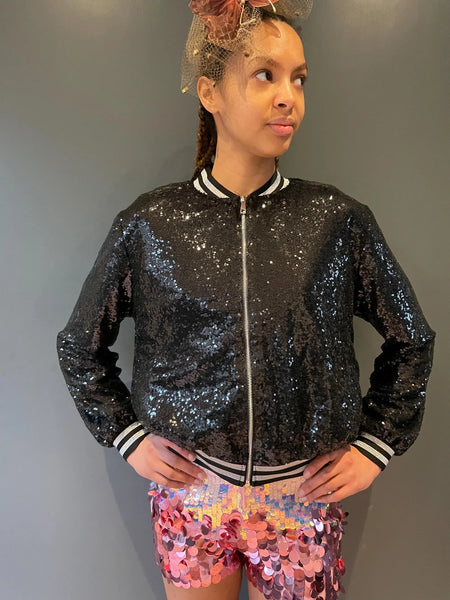 Black Sequin Zappy Bomber Jacket