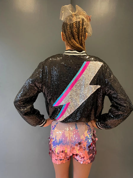 Black Sequin Zappy Bomber Jacket
