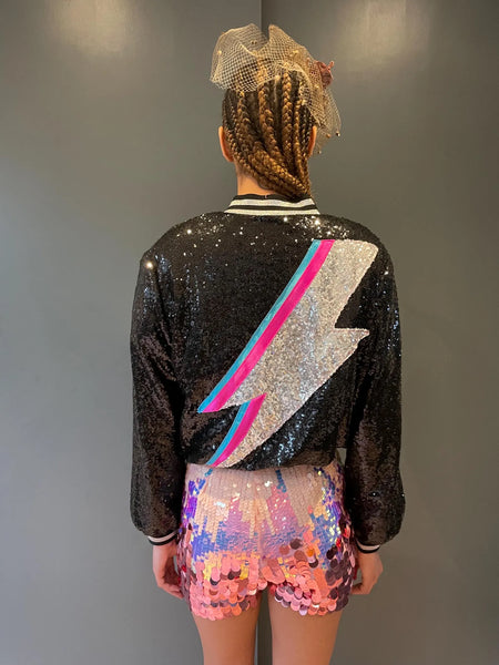 Black Sequin Zappy Bomber Jacket