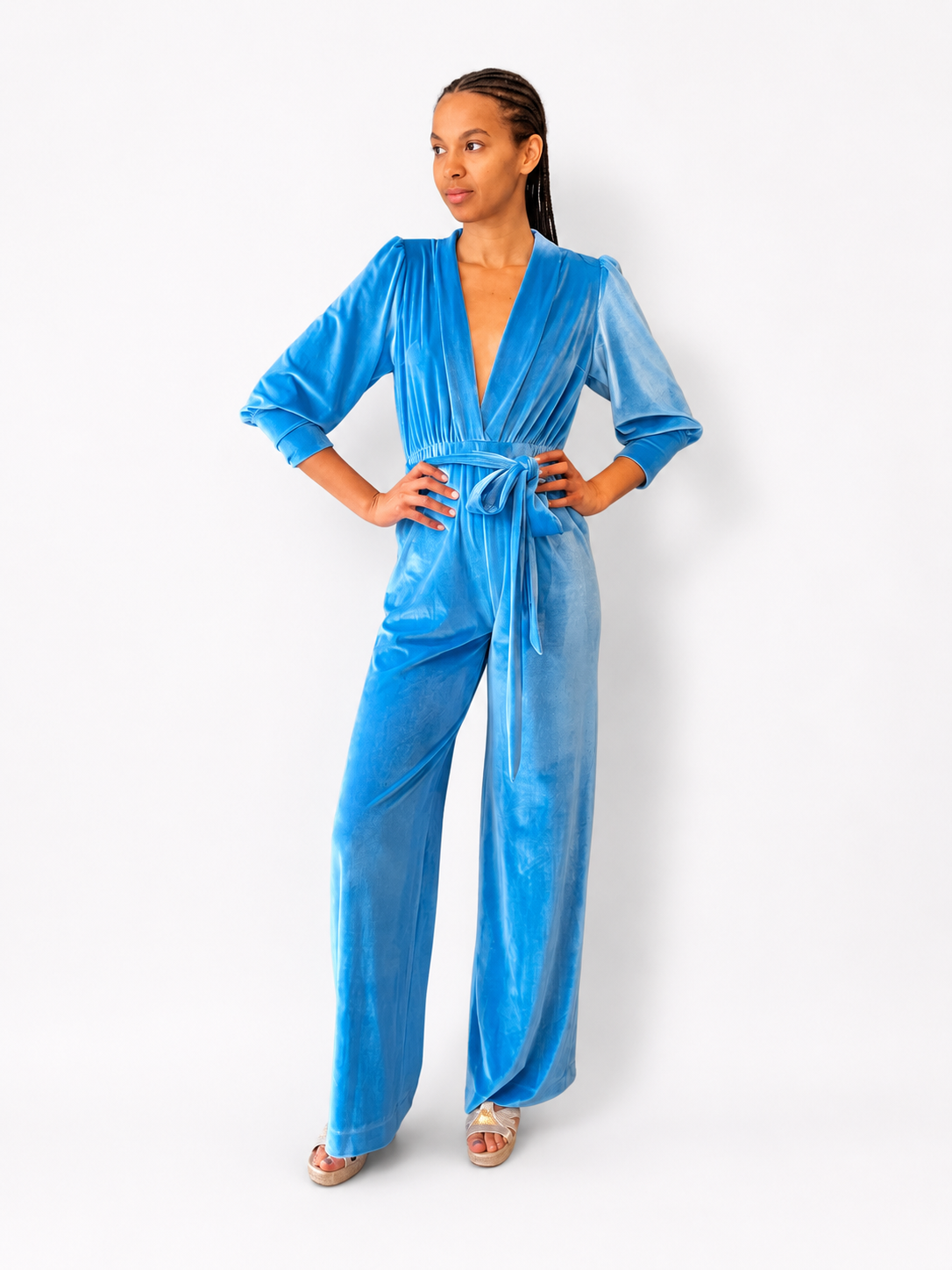 Dancing Queen Jumpsuit in Sky Blue Velvet