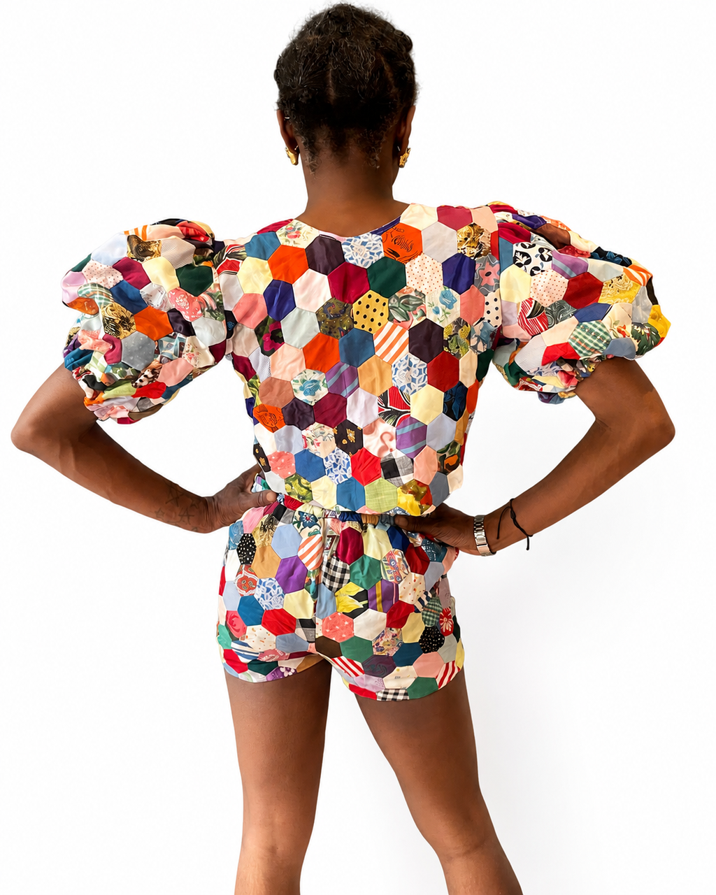 Patchwork Puff Sleeve Two-Piece Set
