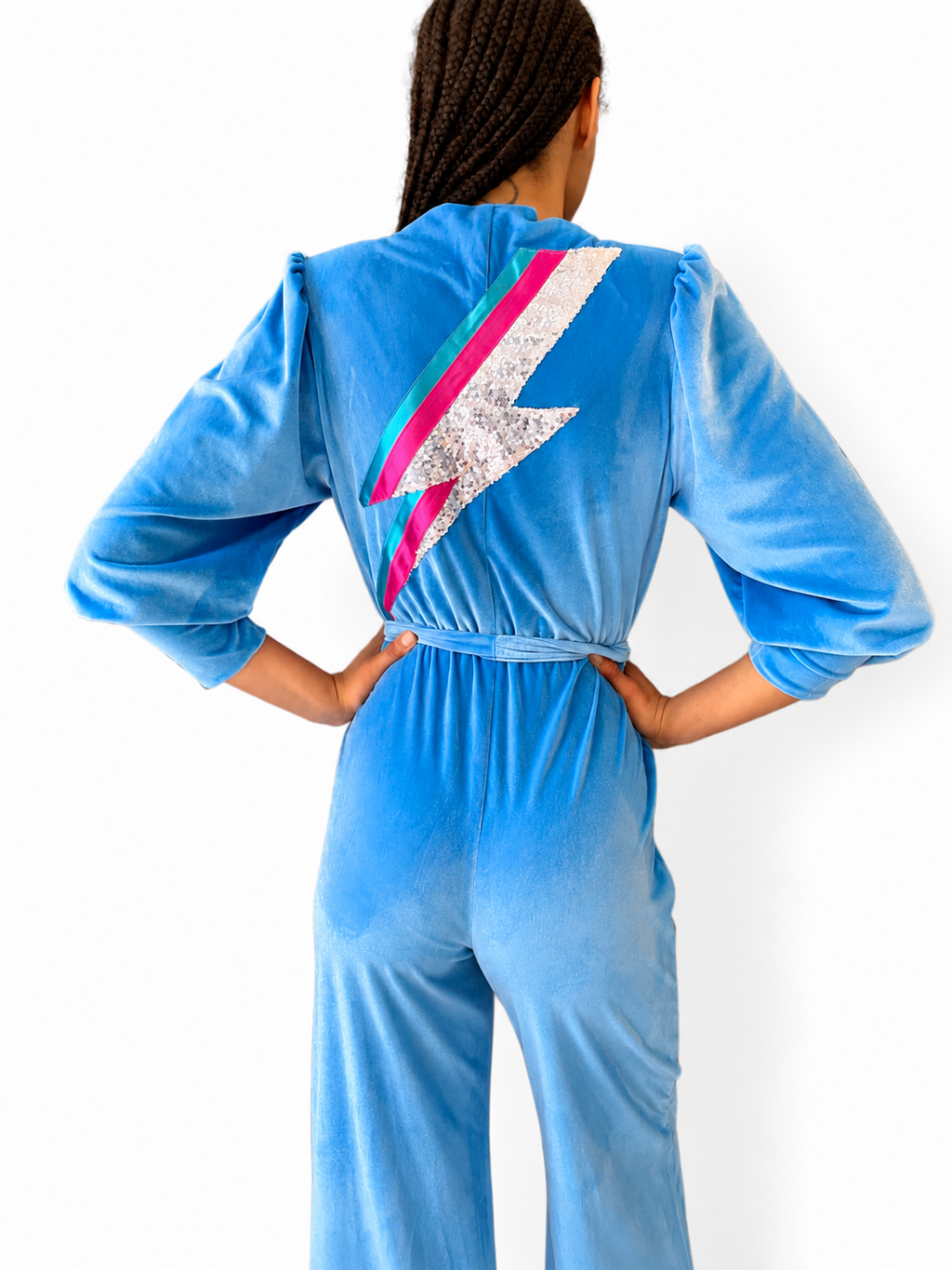 Dancing Queen Jumpsuit in Sky Blue Velvet