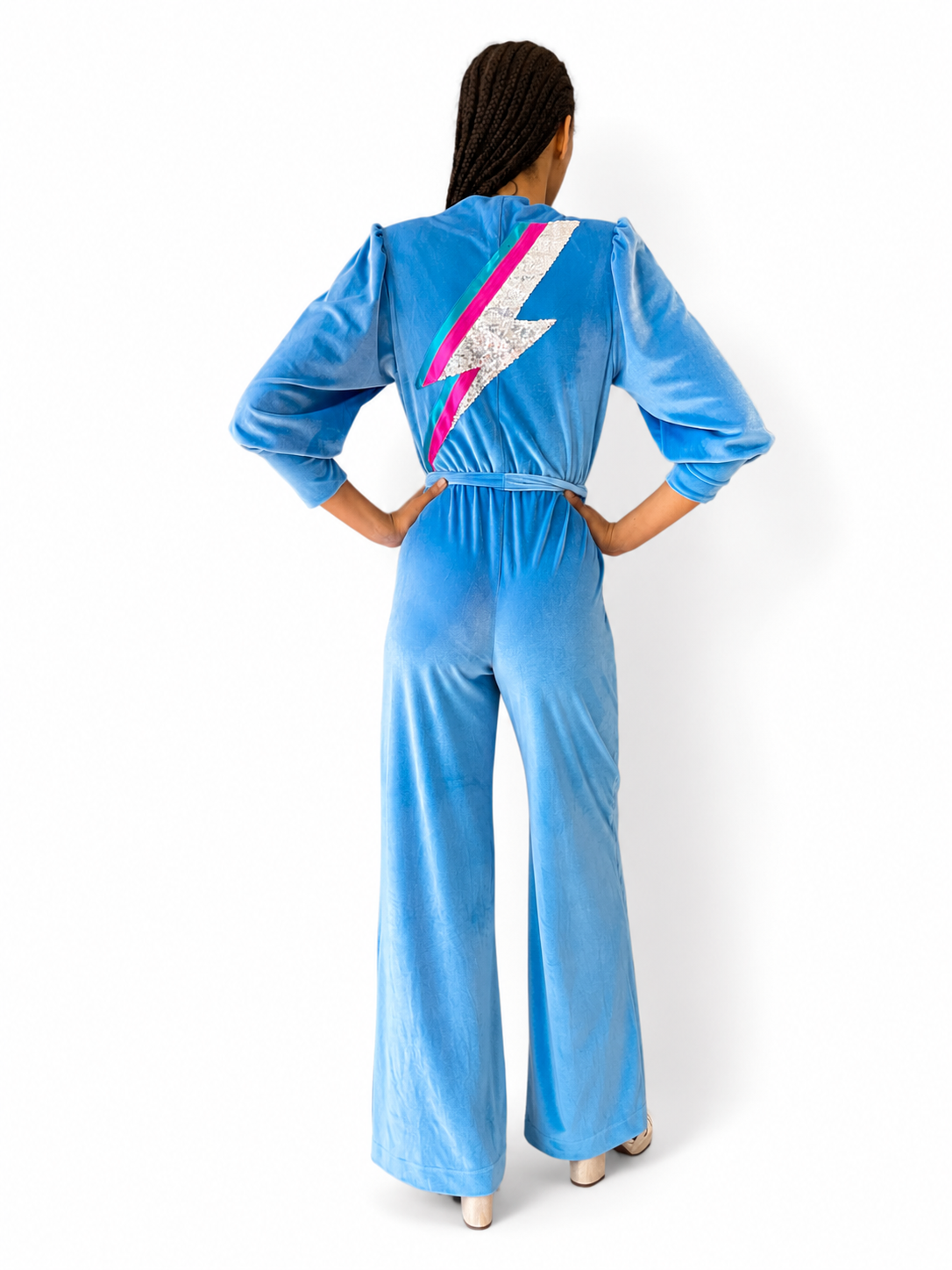 Dancing Queen Jumpsuit in Sky Blue Velvet