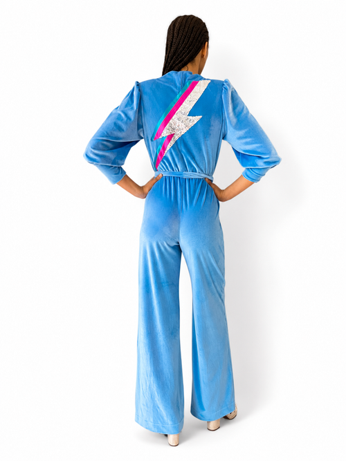 Dancing Queen Jumpsuit in Sky Blue Velvet