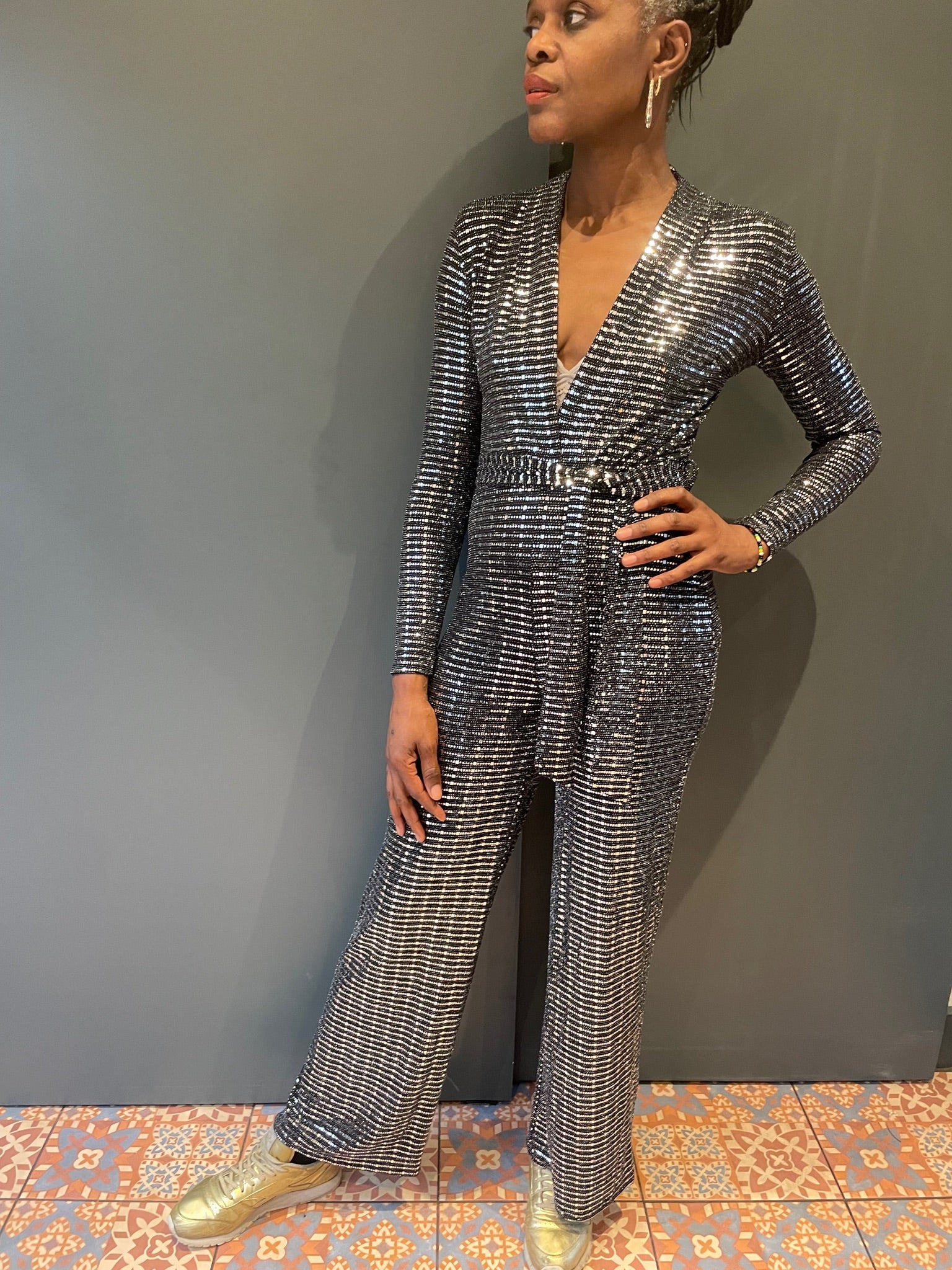 Dancing Queen Jumpsuit in Black with Silver Sequin - from the front