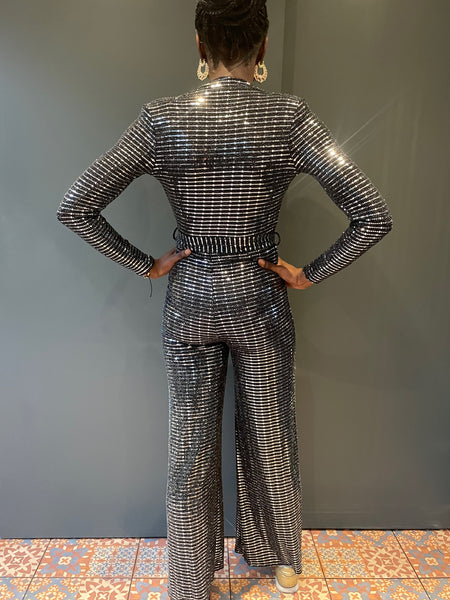 Dancing Queen Jumpsuit in Black with Silver Sequin - back view