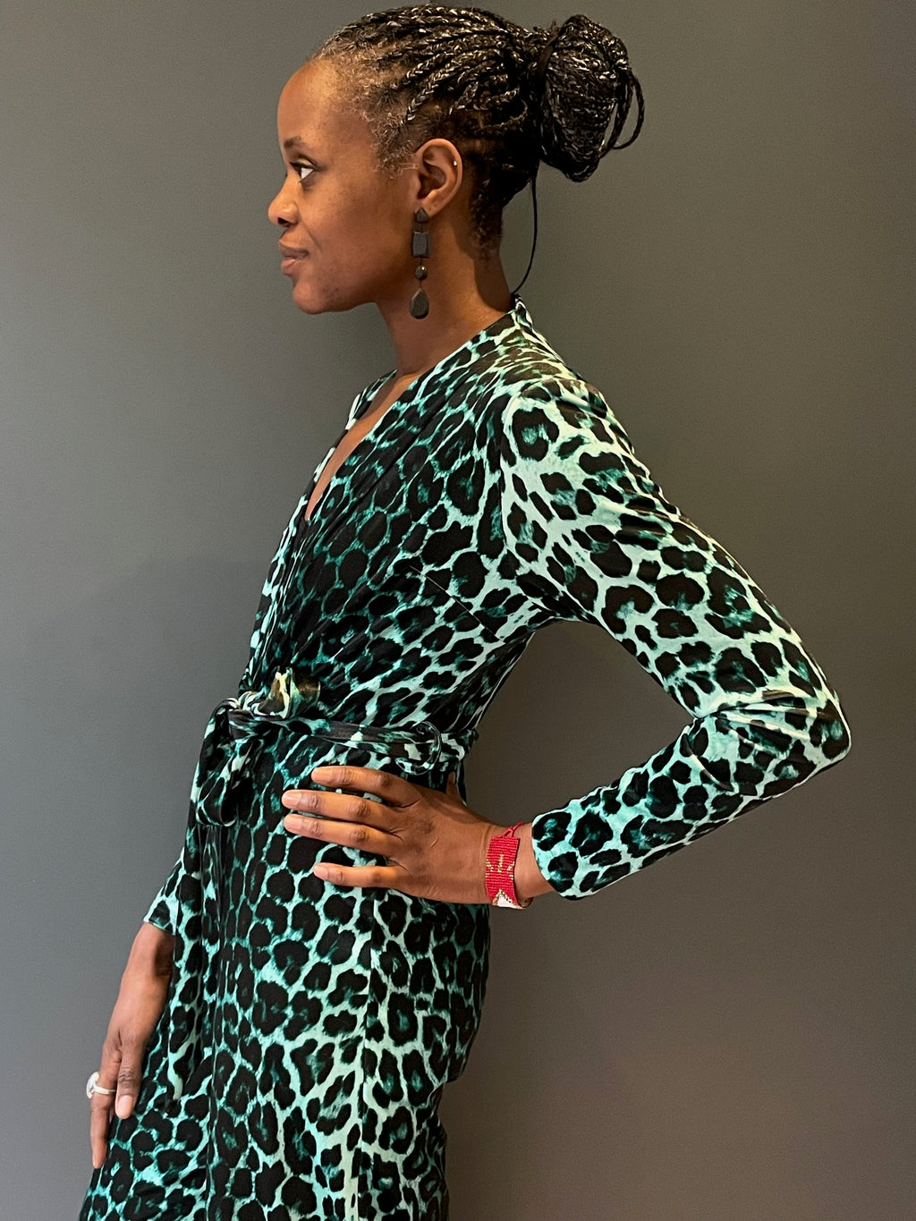 Jumpsuit in Green Leopard Print - side view close up