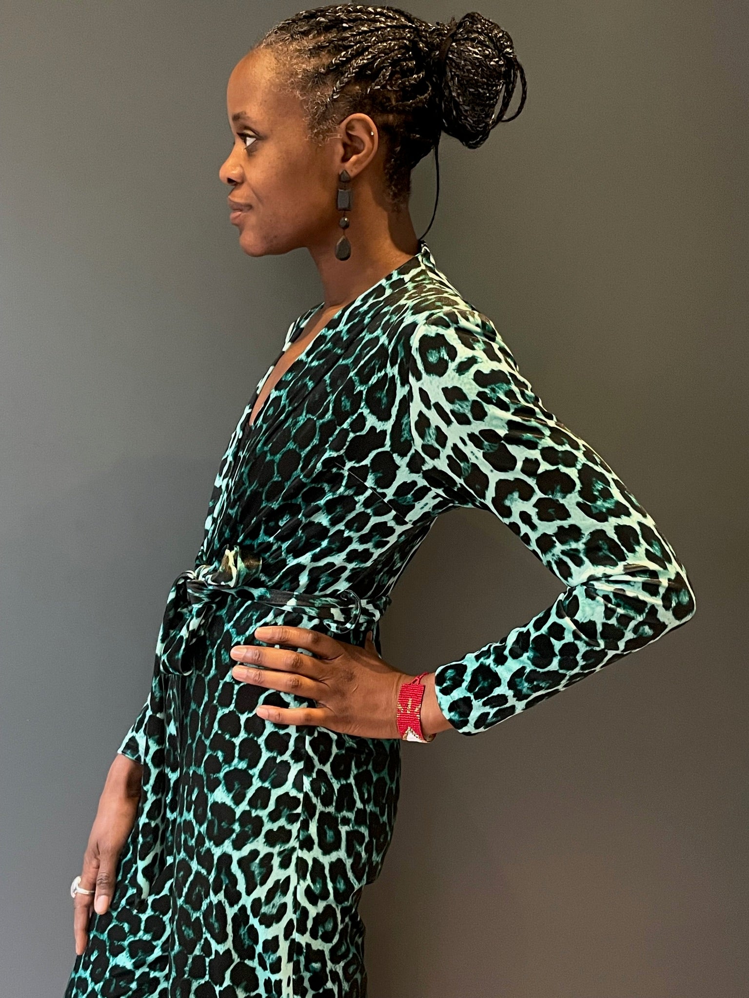 Jumpsuit in Green Leopard Print - side view close up