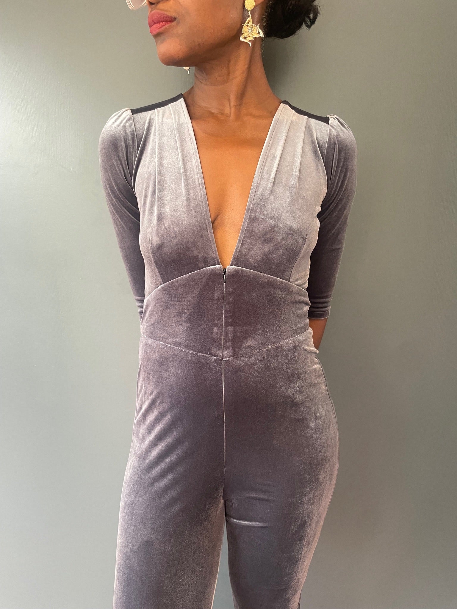 Grey Velvet Jumpsuit - front view close up