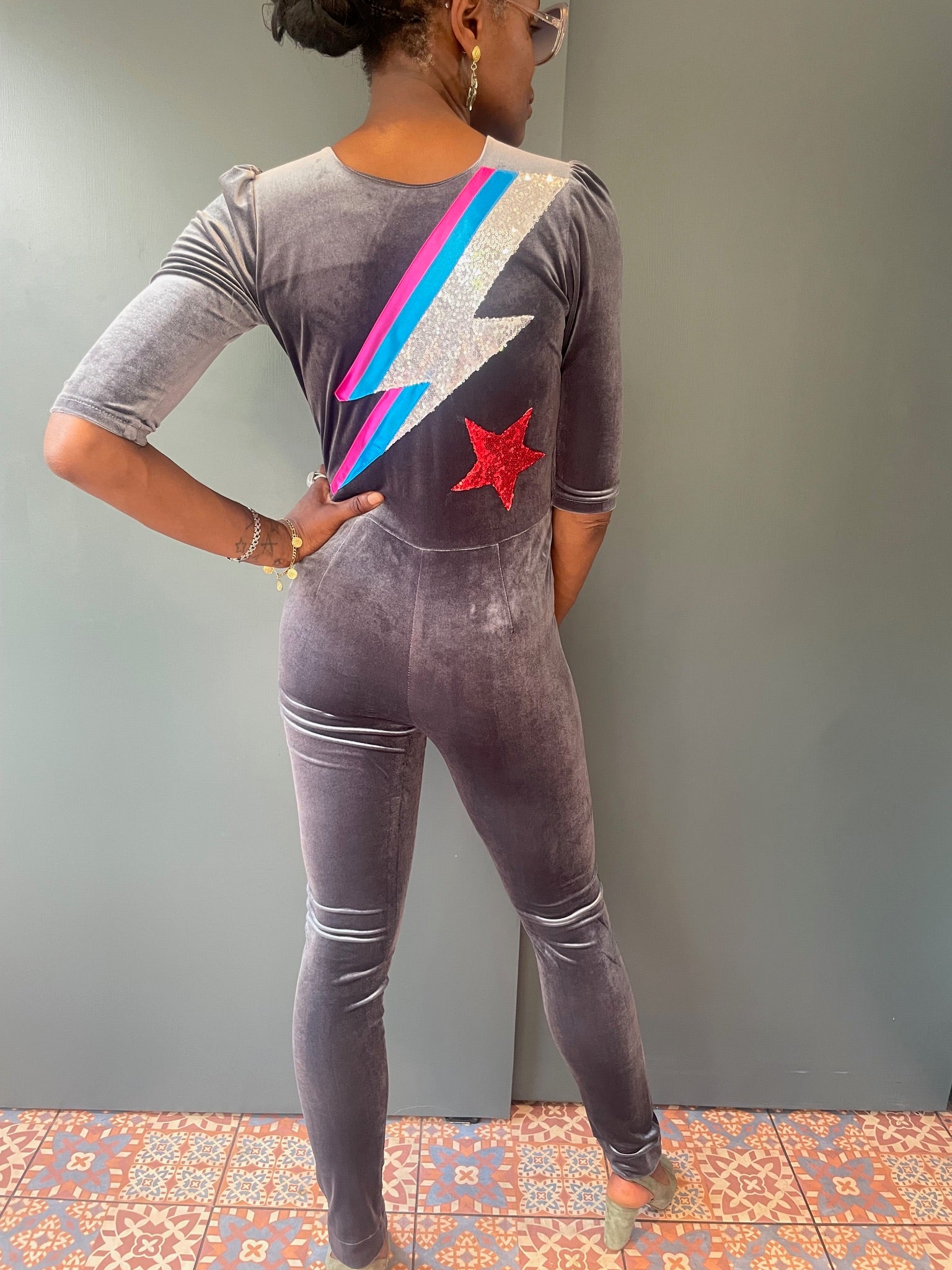 Grey Velvet Jumpsuit with Ziggy Stardust zap - back view