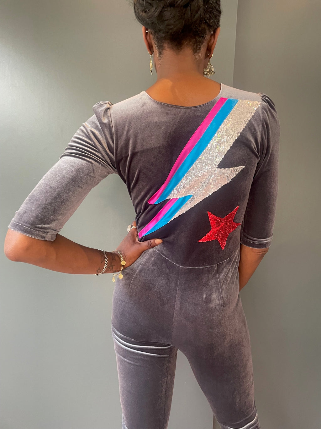 Grey Velvet Jumpsuit with Ziggy Stardust zap - back view detail