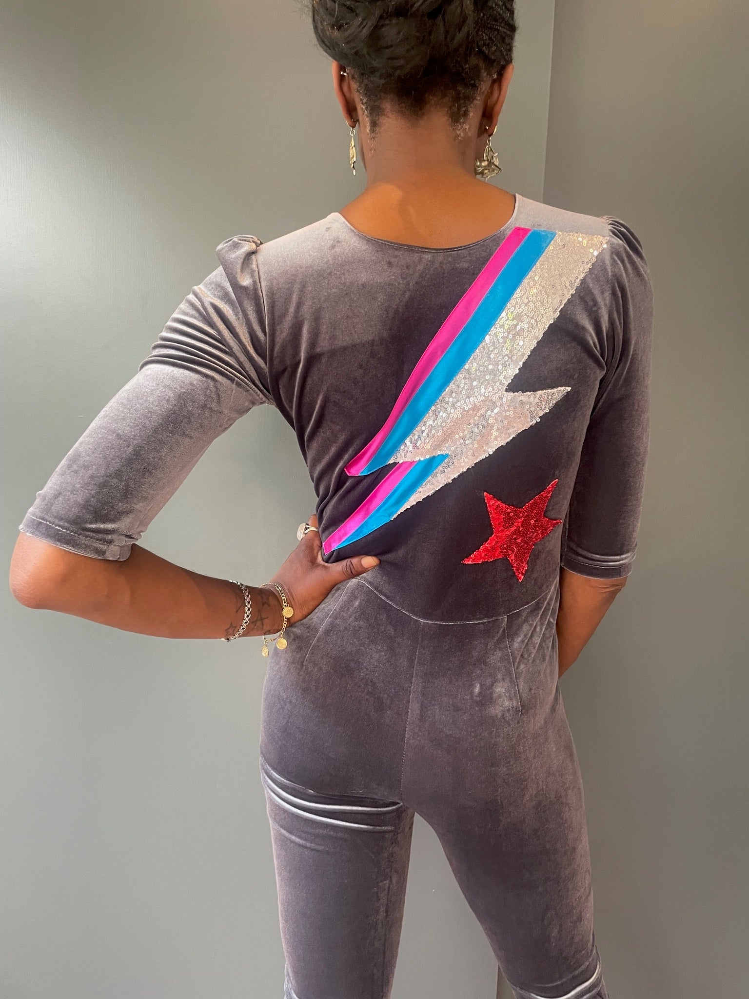 Grey Velvet Jumpsuit with Ziggy Stardust zap - back view detail