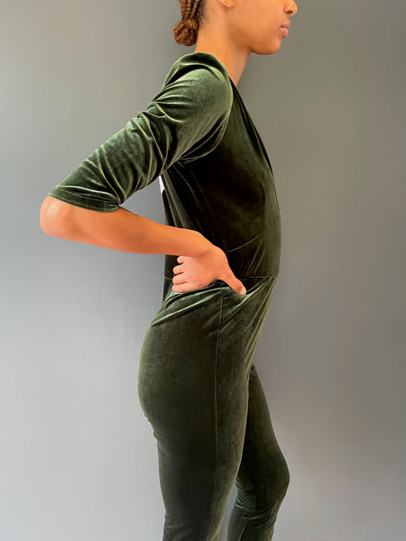 Ziggy Jumpsuit in Olive Green Velvet with Sequin Zap