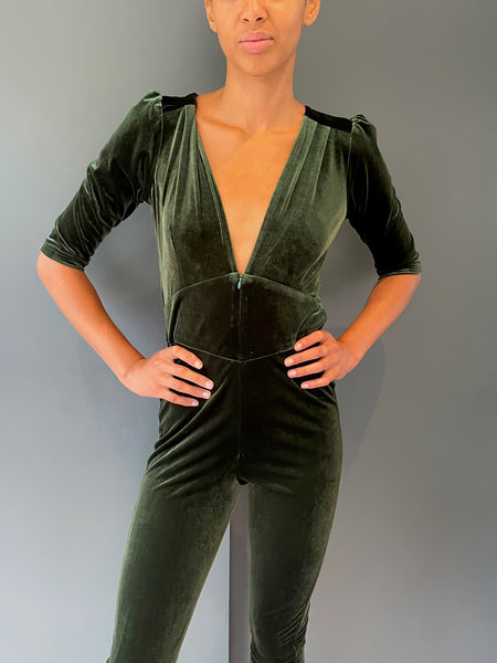 Ziggy Jumpsuit in Olive Green Velvet with Sequin Zap