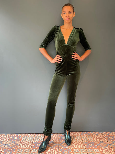 Ziggy Jumpsuit in Olive Green Velvet with Sequin Zap