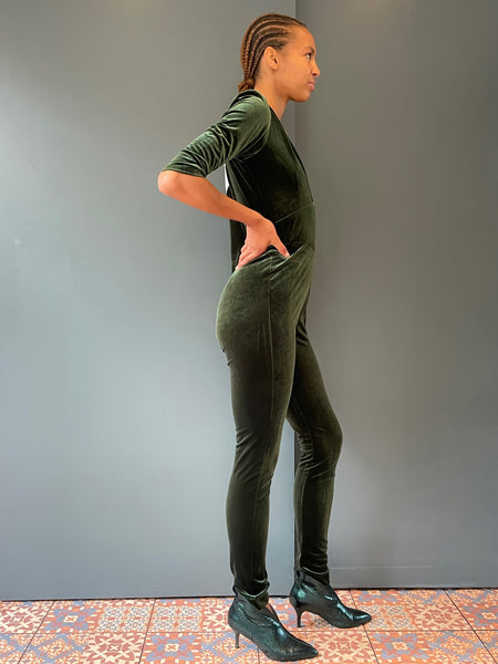 Ziggy Jumpsuit in Olive Green Velvet with Sequin Zap