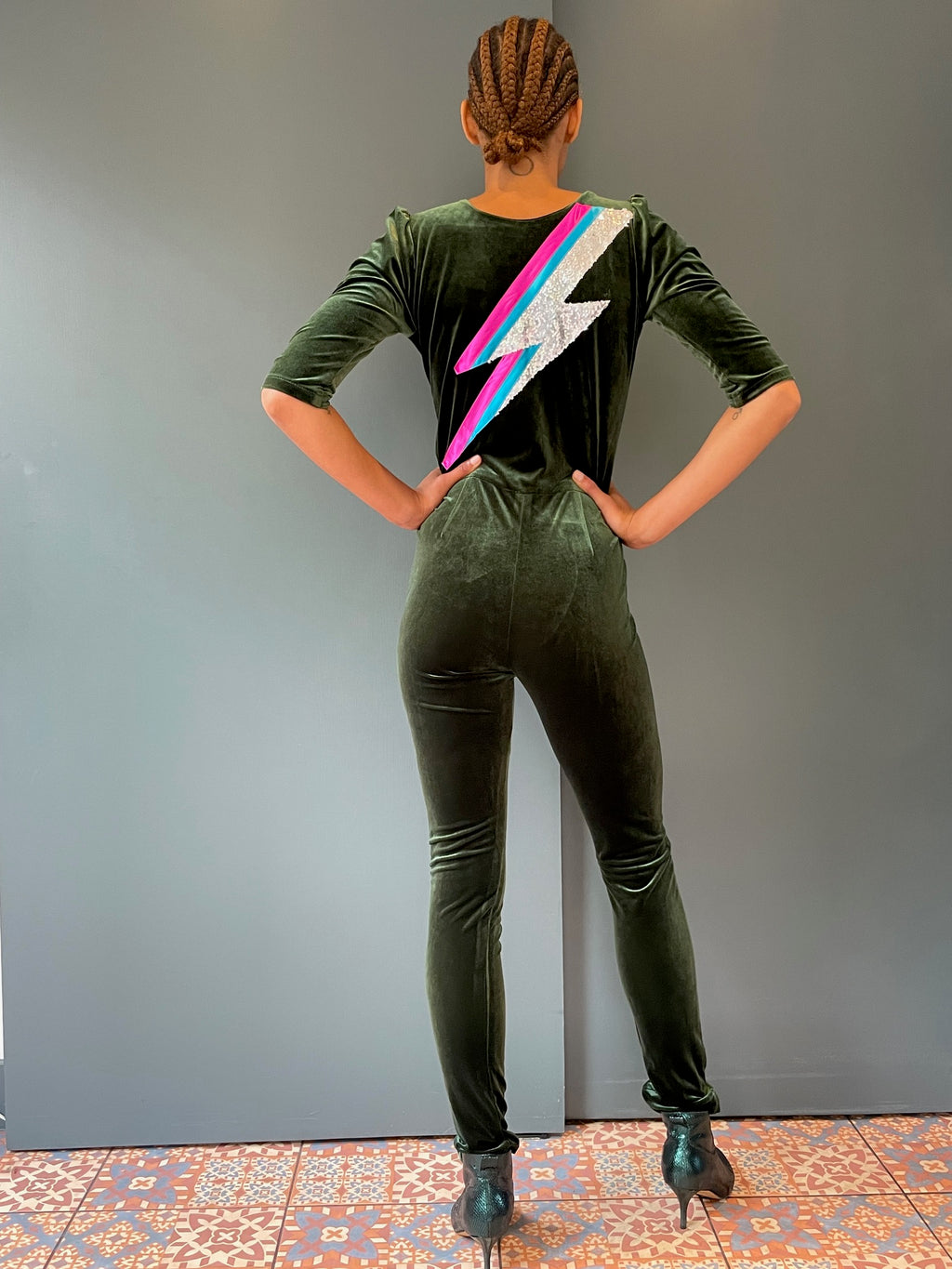 Ladies Green jumpsuit with Ziggy Stardust zap - back view