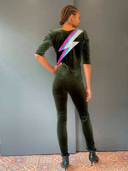 Ziggy Jumpsuit in Olive Green Velvet with Sequin Zap