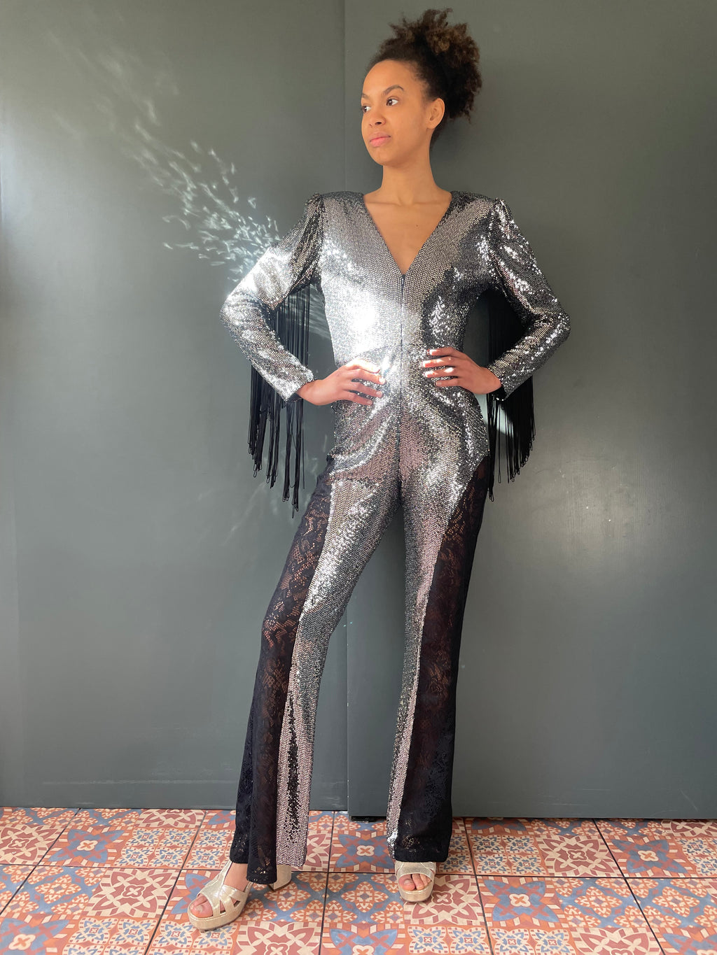 Simone Sequin Jumpsuit in Silver Sequin