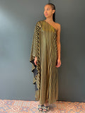 Olga Shoulder Dress in Black and Gold Stripe