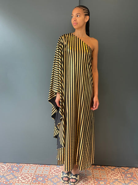 Olga Shoulder Dress in Black and Gold Stripe