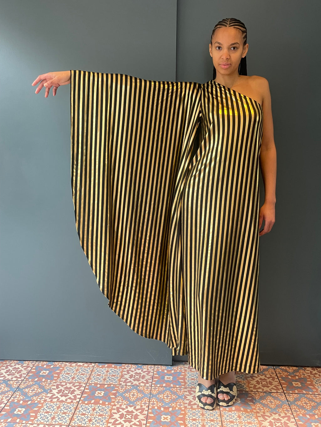 Olga Shoulder Dress in Black and Gold Stripe