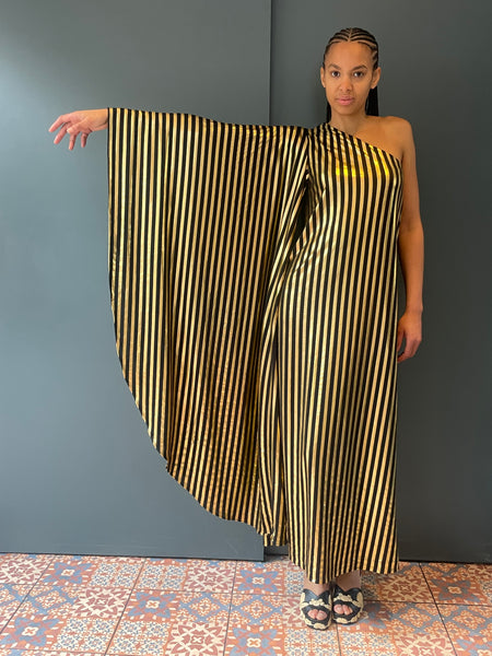 Olga Shoulder Dress in Black and Gold Stripe