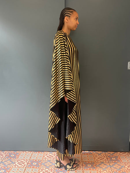 Olga Shoulder Dress in Black and Gold Stripe