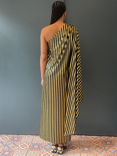 Olga Shoulder Dress in Black and Gold Stripe