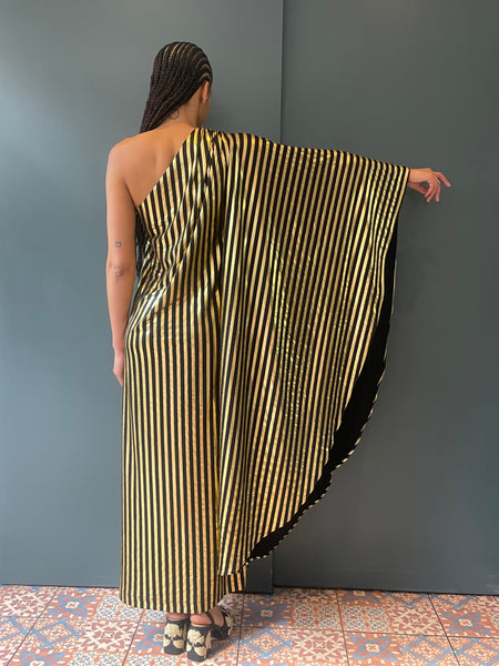 Olga Shoulder Dress in Black and Gold Stripe