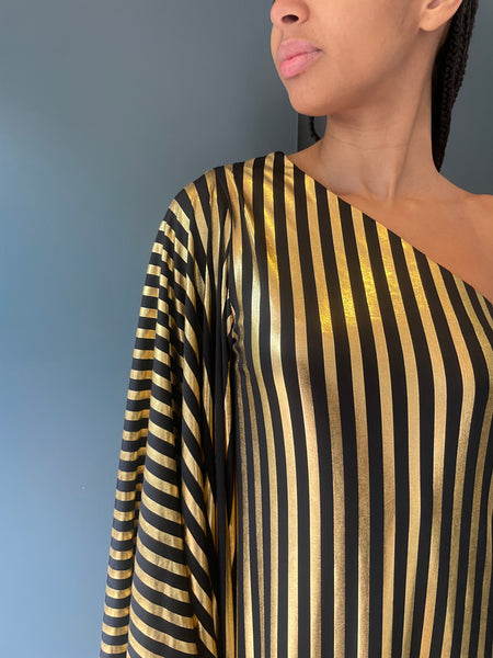 Olga Shoulder Dress in Black and Gold Stripe