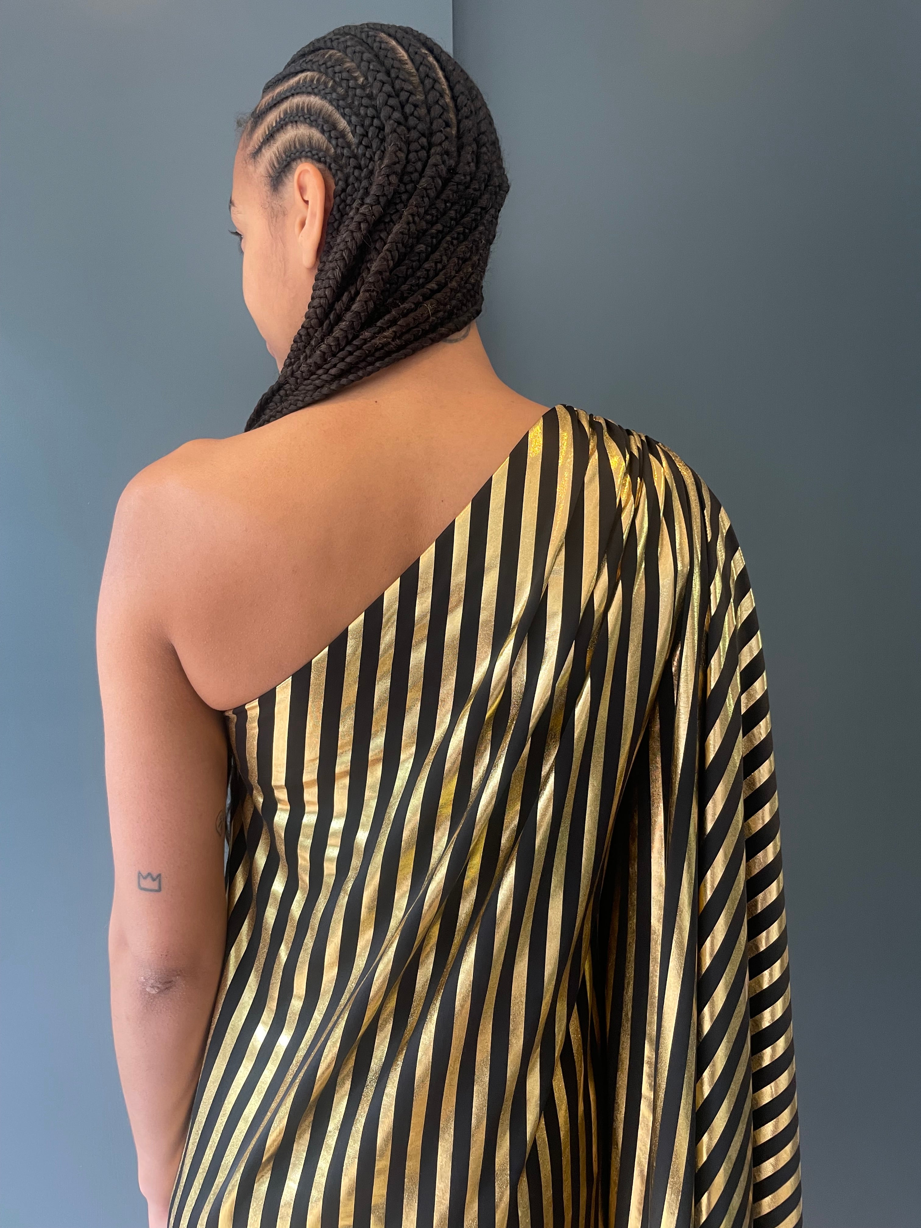 Olga Shoulder Dress in Black and Gold Stripe