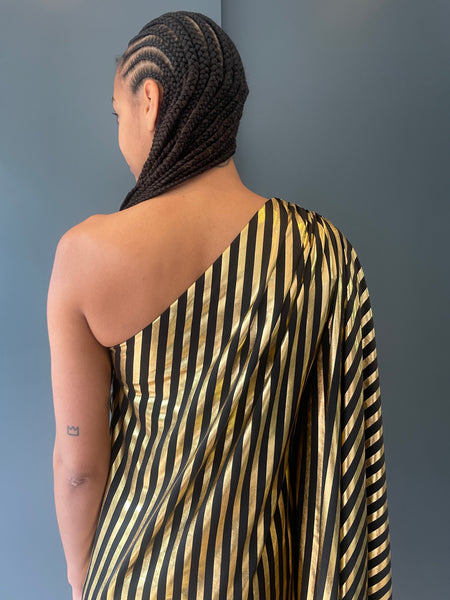 Olga Shoulder Dress in Black and Gold Stripe