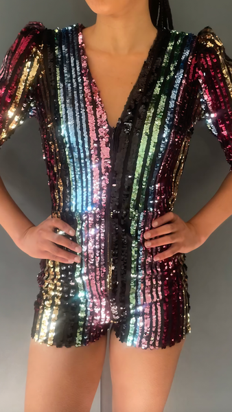 Rachel Playsuit in Rainbow Stripe Sequin