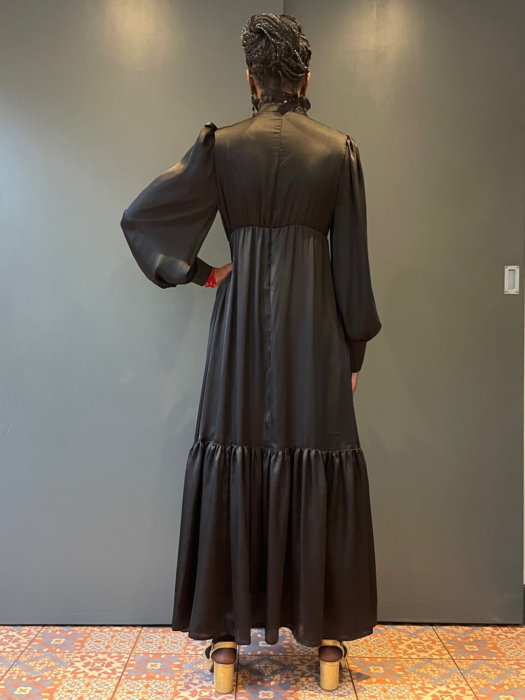 Prairie Dress in Black Silk - full back view