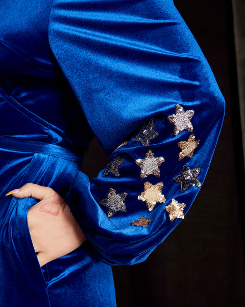 Babooska Wrap Dress in Blue Velvet with Sequin Stars