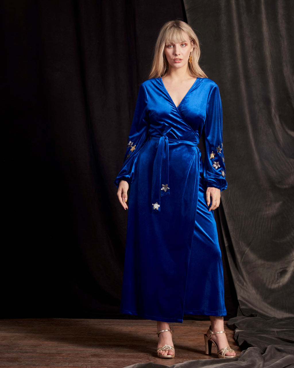 Babooska Dress in Blue Velvet - full front view 3