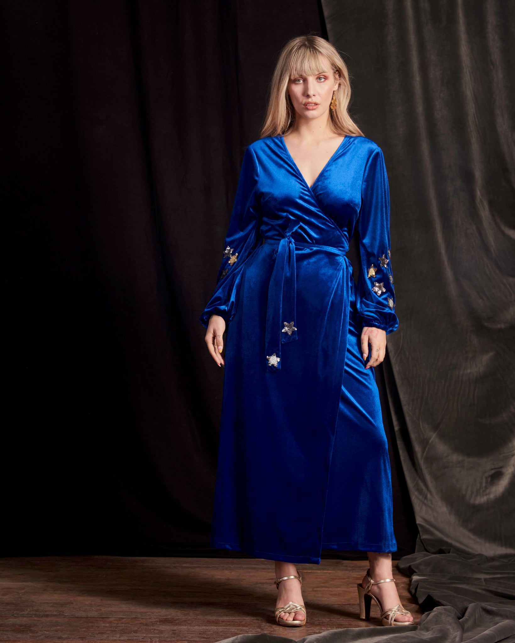 Babooska Dress in Blue Velvet - full front view 3