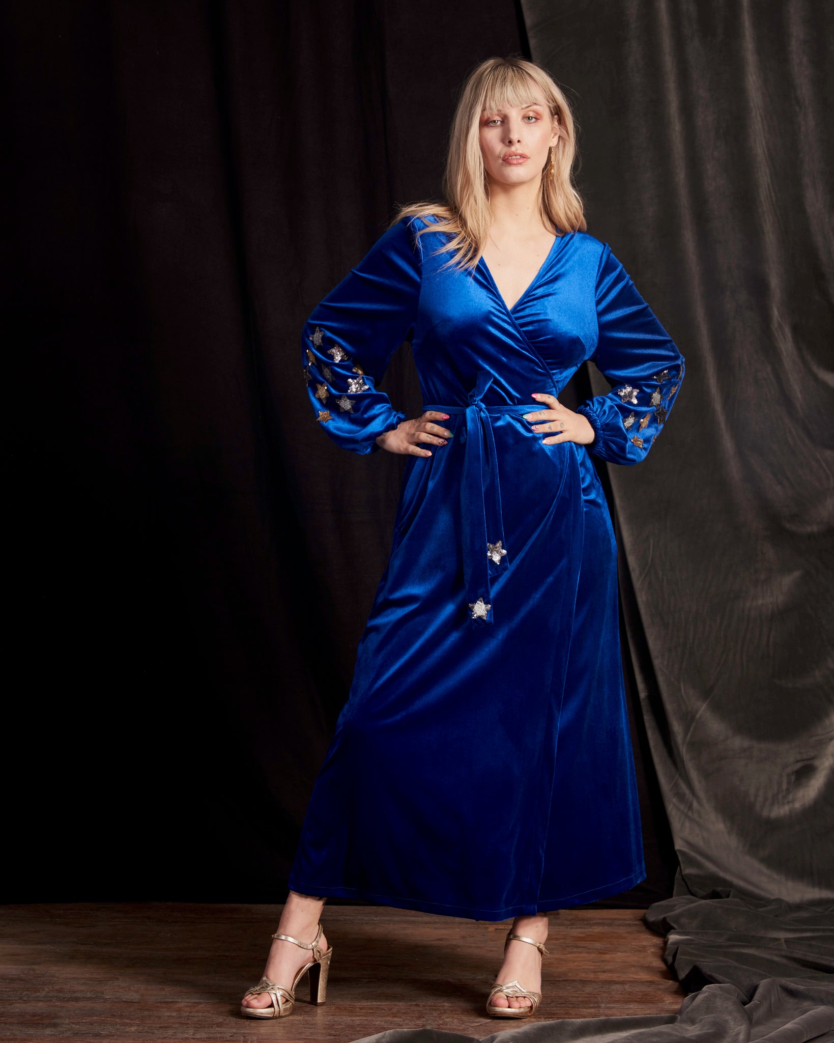 Babooska Dress in Blue Velvet - full front view 1