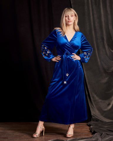 Babooska Wrap Dress in Blue Velvet with Sequin Stars