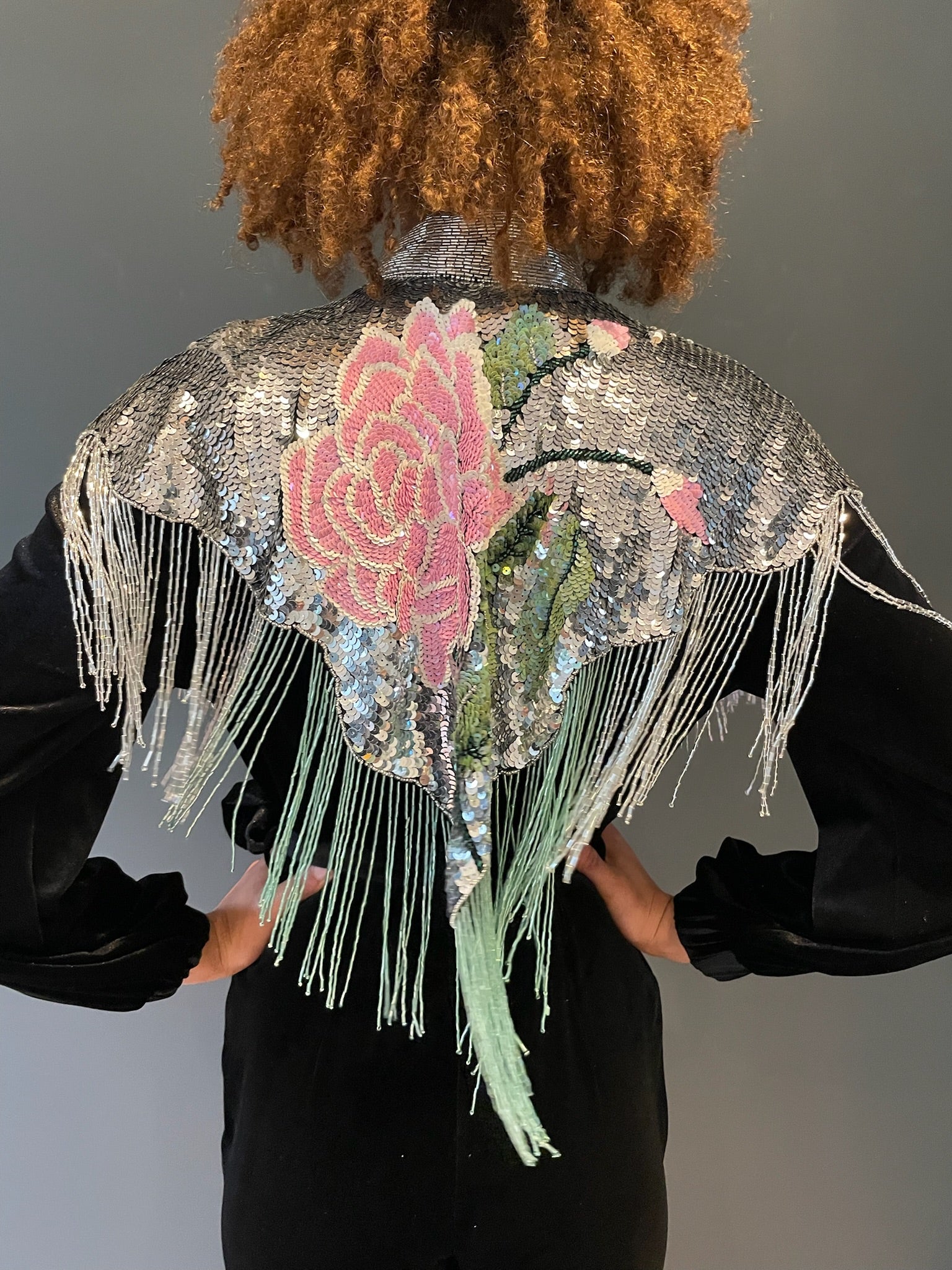Rose Sequin Cape in silver and pink back