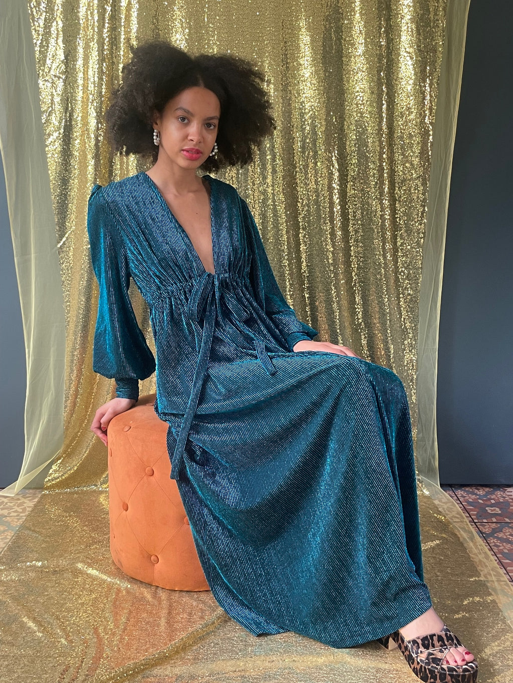 Percy Dress in Blue Glitter - front view reclining