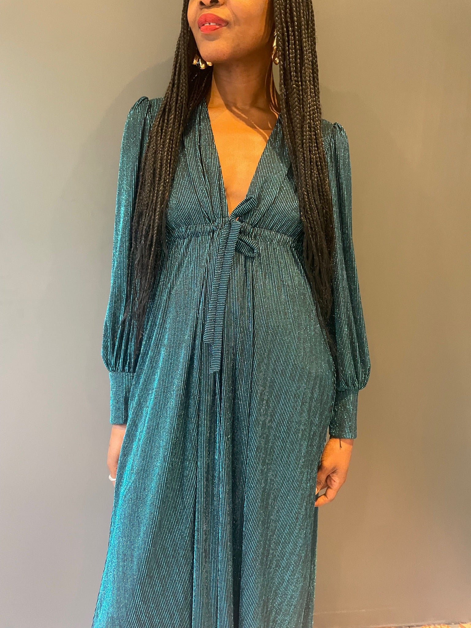 Percy Dress in Blue Lurex - front view close up