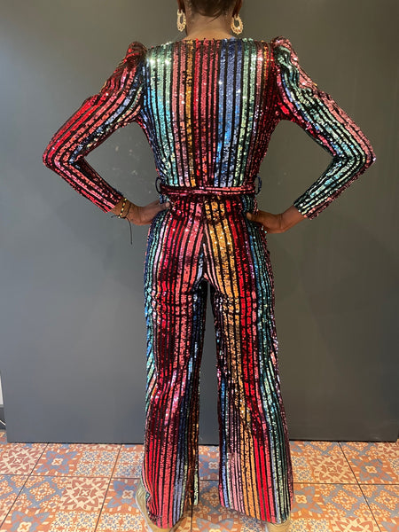 Jumpsuit in Red and Blue Rainbow Sequin Stripe - full view from back