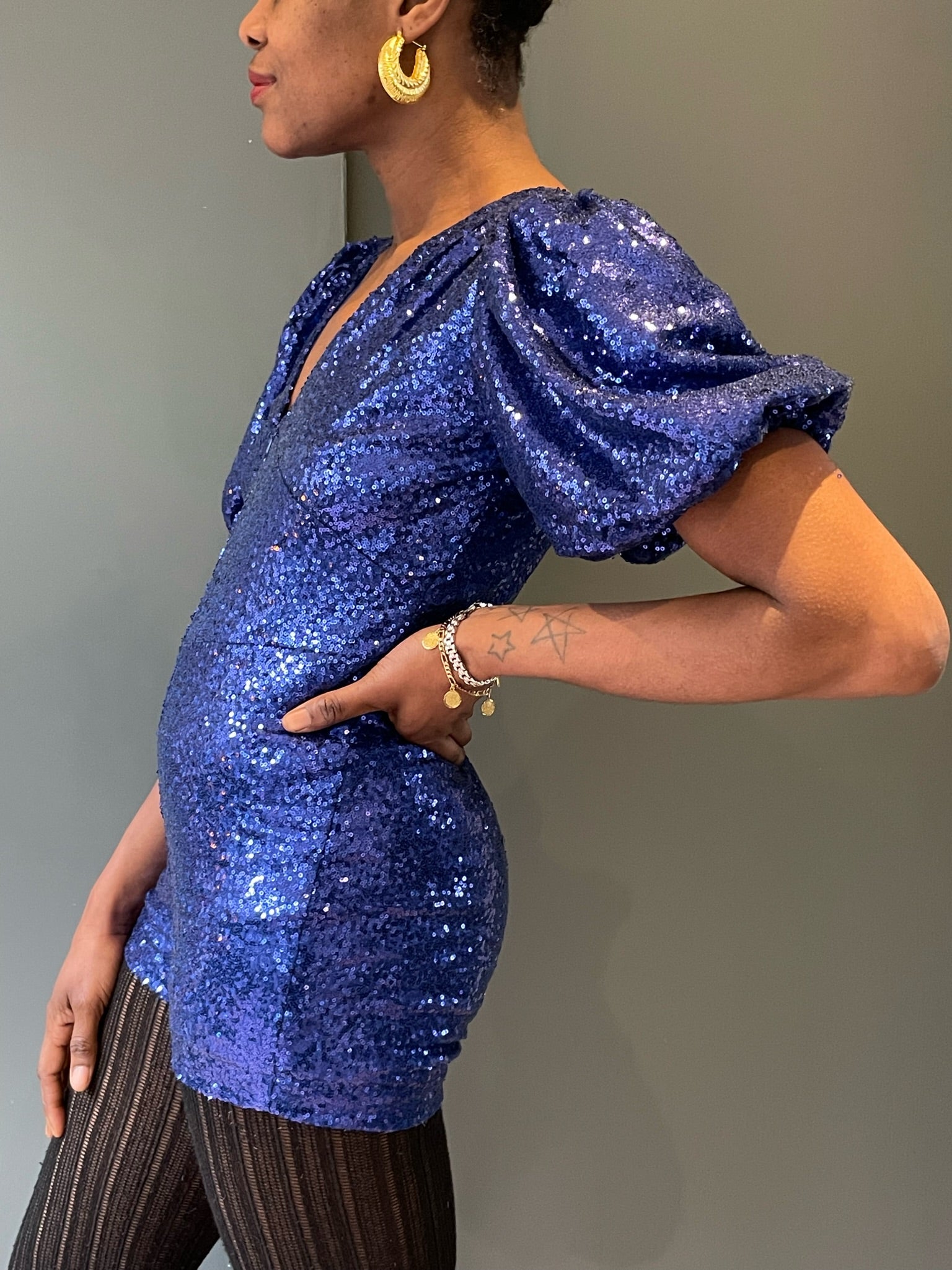SIde view - Playsuit in Dark Blue Sequin