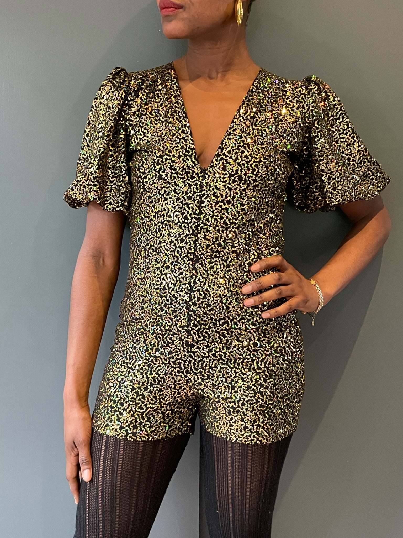 Close up view - Sophie B Playsuit in Gold 