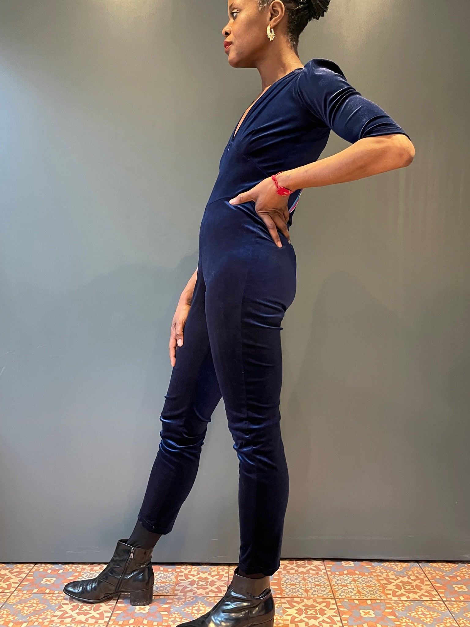 Blue Velvet Jumpsuit -  full side view