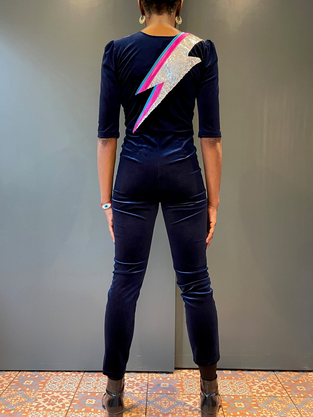Blue Velvet Jumpsuit with Bowie's iconic zap in sequins